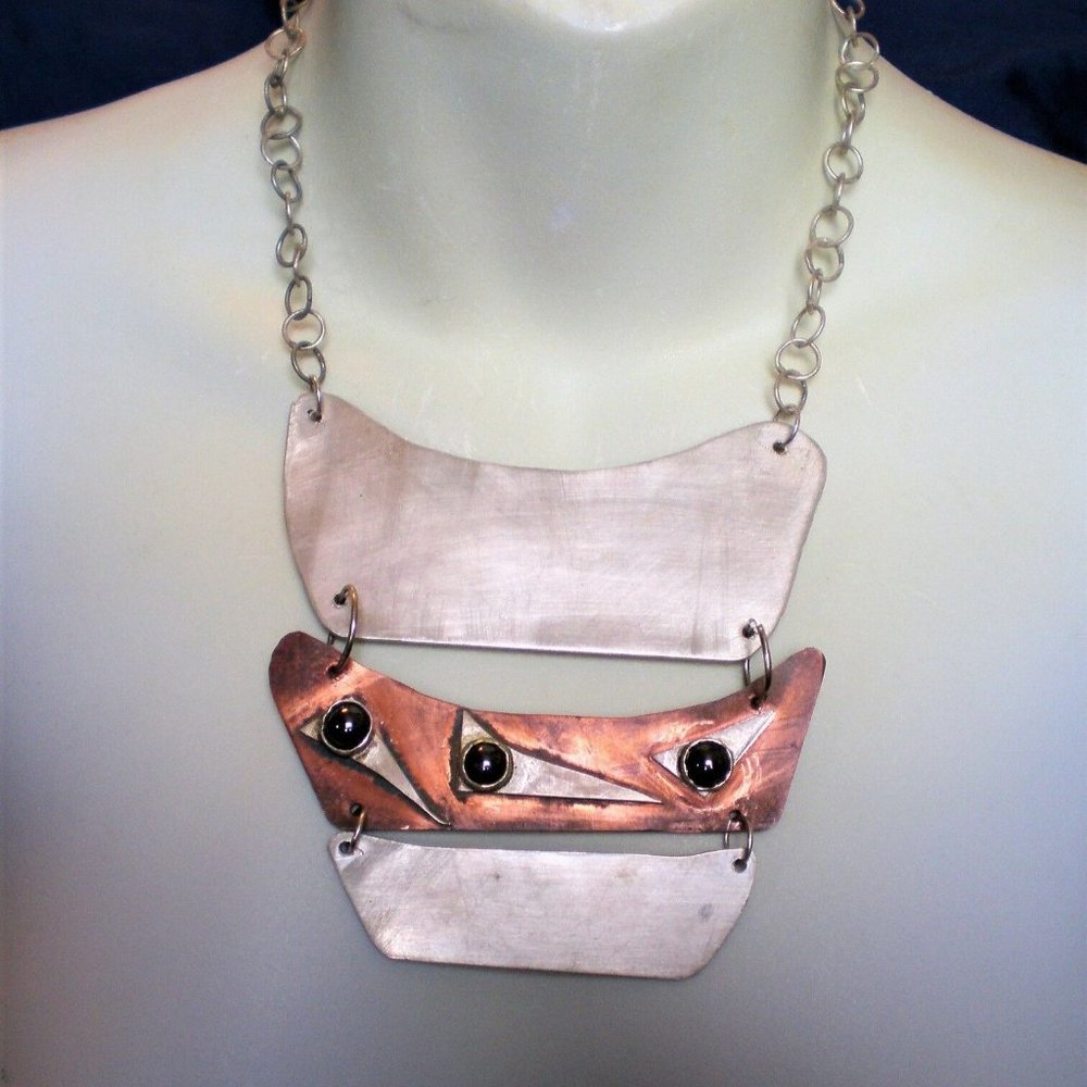Runway Vintage Modernist Mixed Metal Silver Tone Brass Hematite Necklace Chain